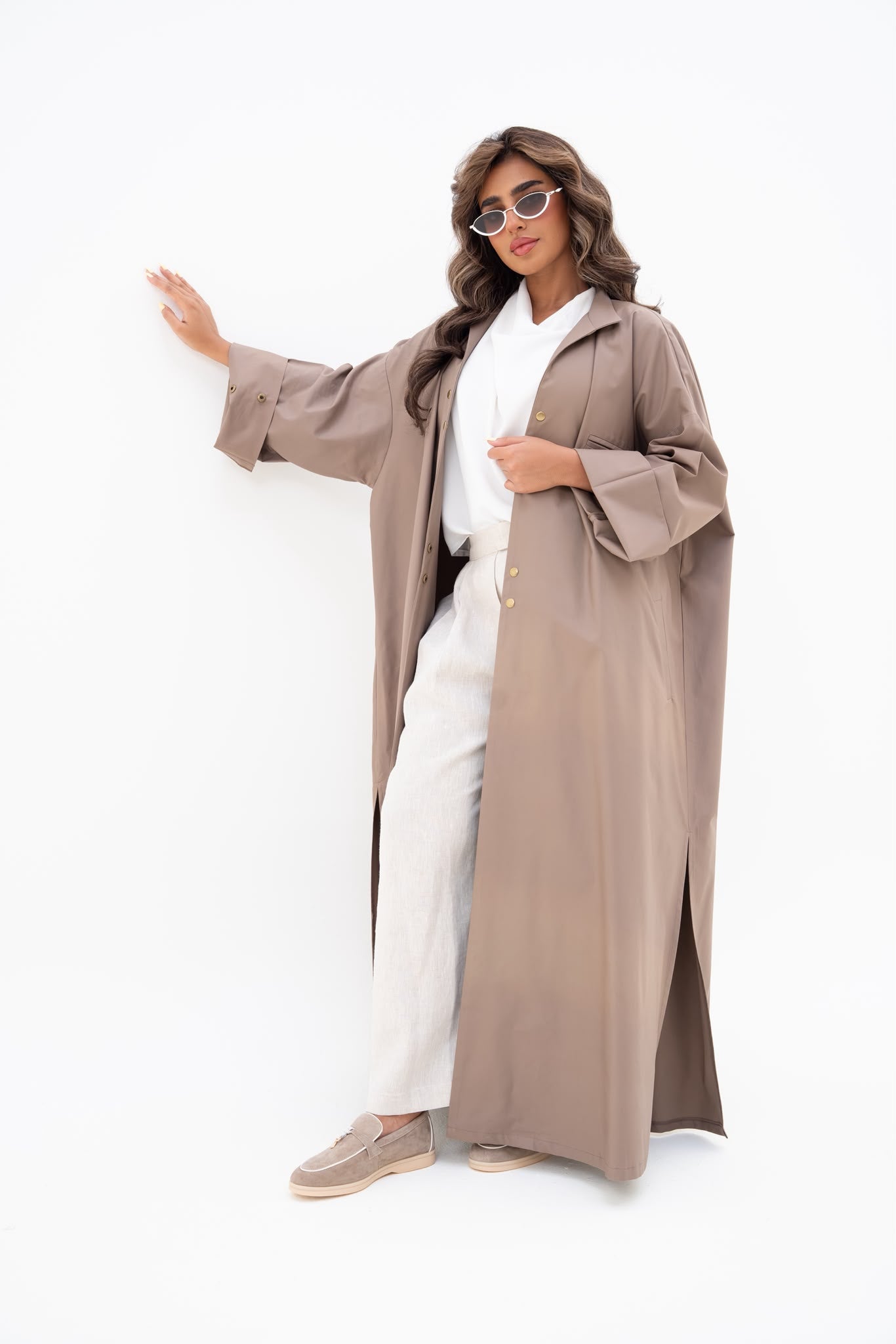 Beige crepe abaya, free size. C:6809