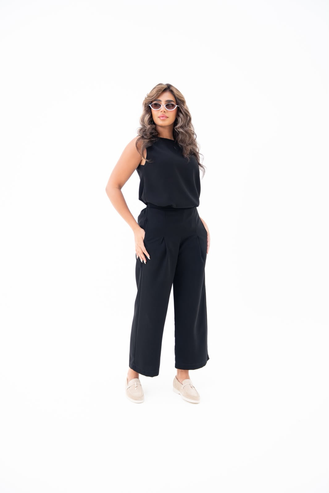 Blouse and pants set, in black crepe fabric. C:247