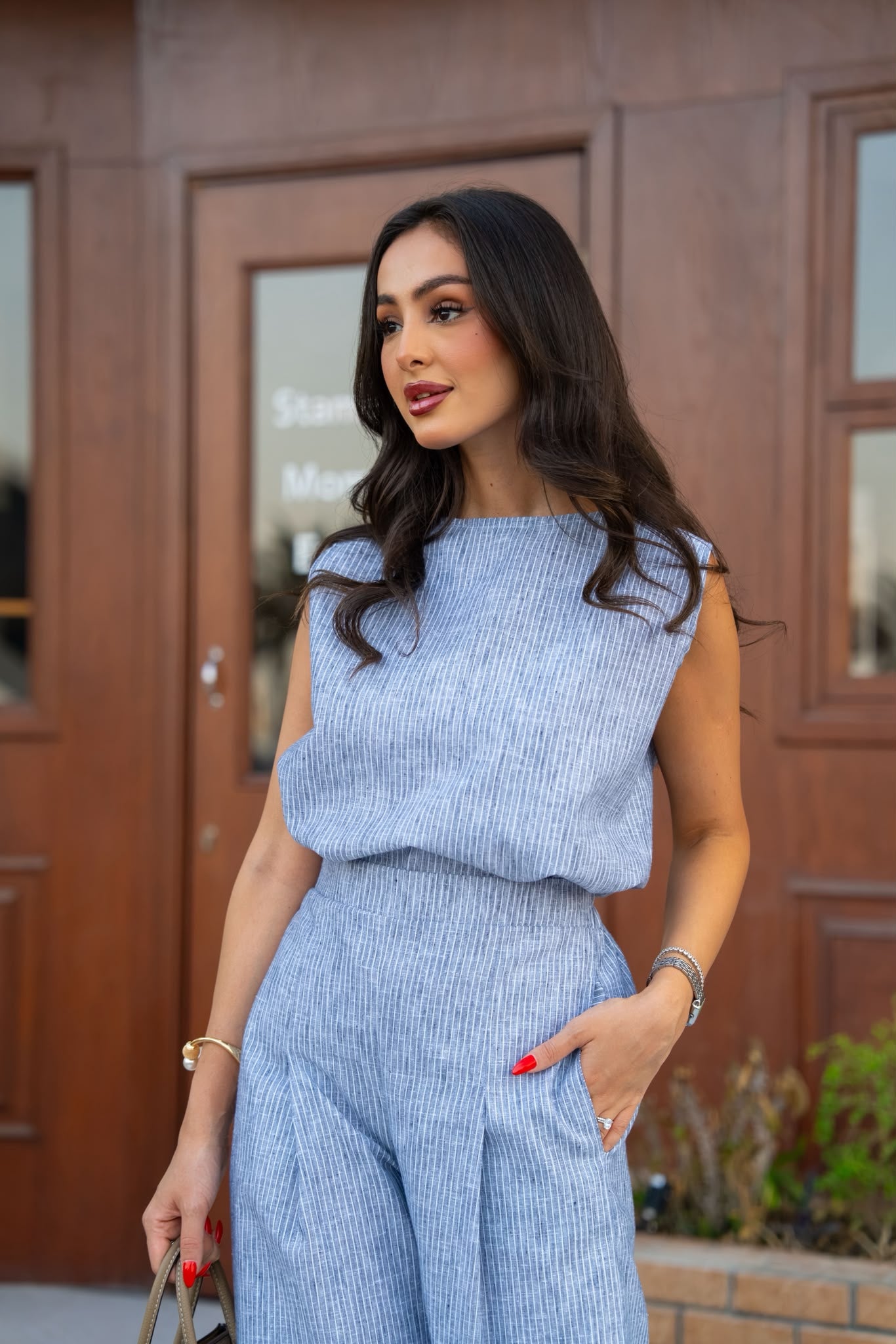 A blouse and pants set in sky blue cotton.C:249
