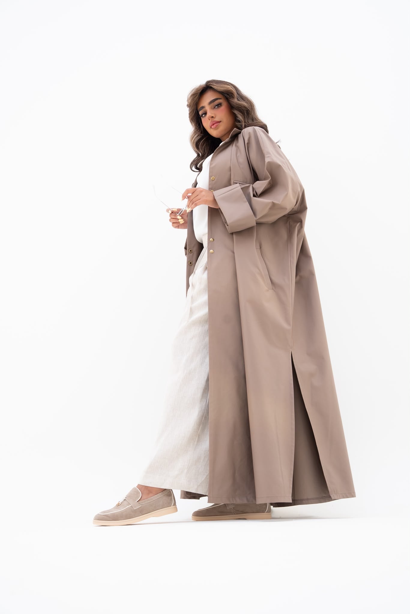 Beige crepe abaya, free size. C:6809