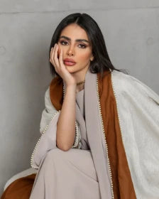 Abaya with beige linen material and camel design with embroidery C: 6453beage