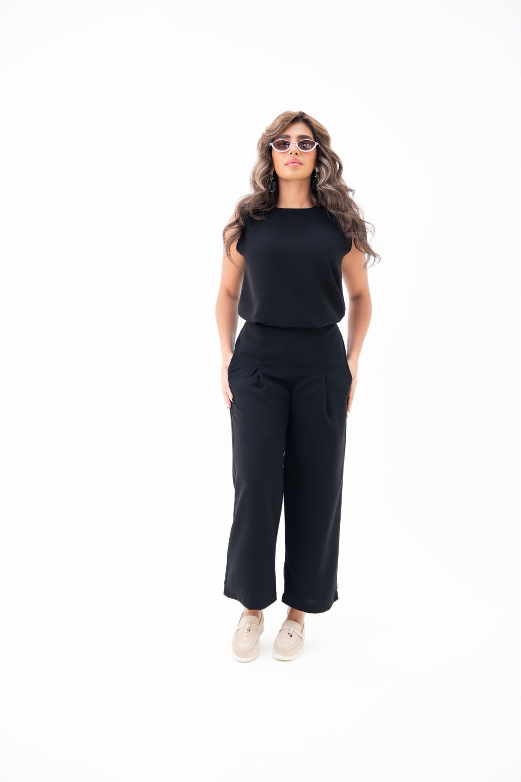 Blouse and pants set, in black crepe fabric. C:247