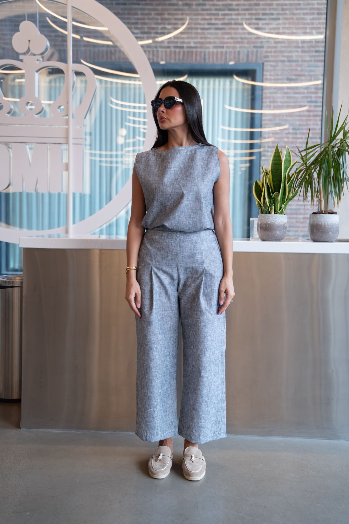 Gray cotton blouse and pants set. C:249