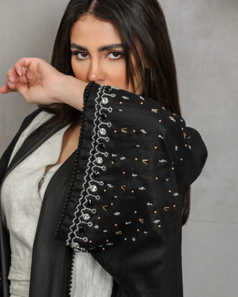 Black linen abaya with hand embroidery C:6453black