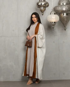 Abaya with beige linen material and camel design with embroidery C: 6453beage