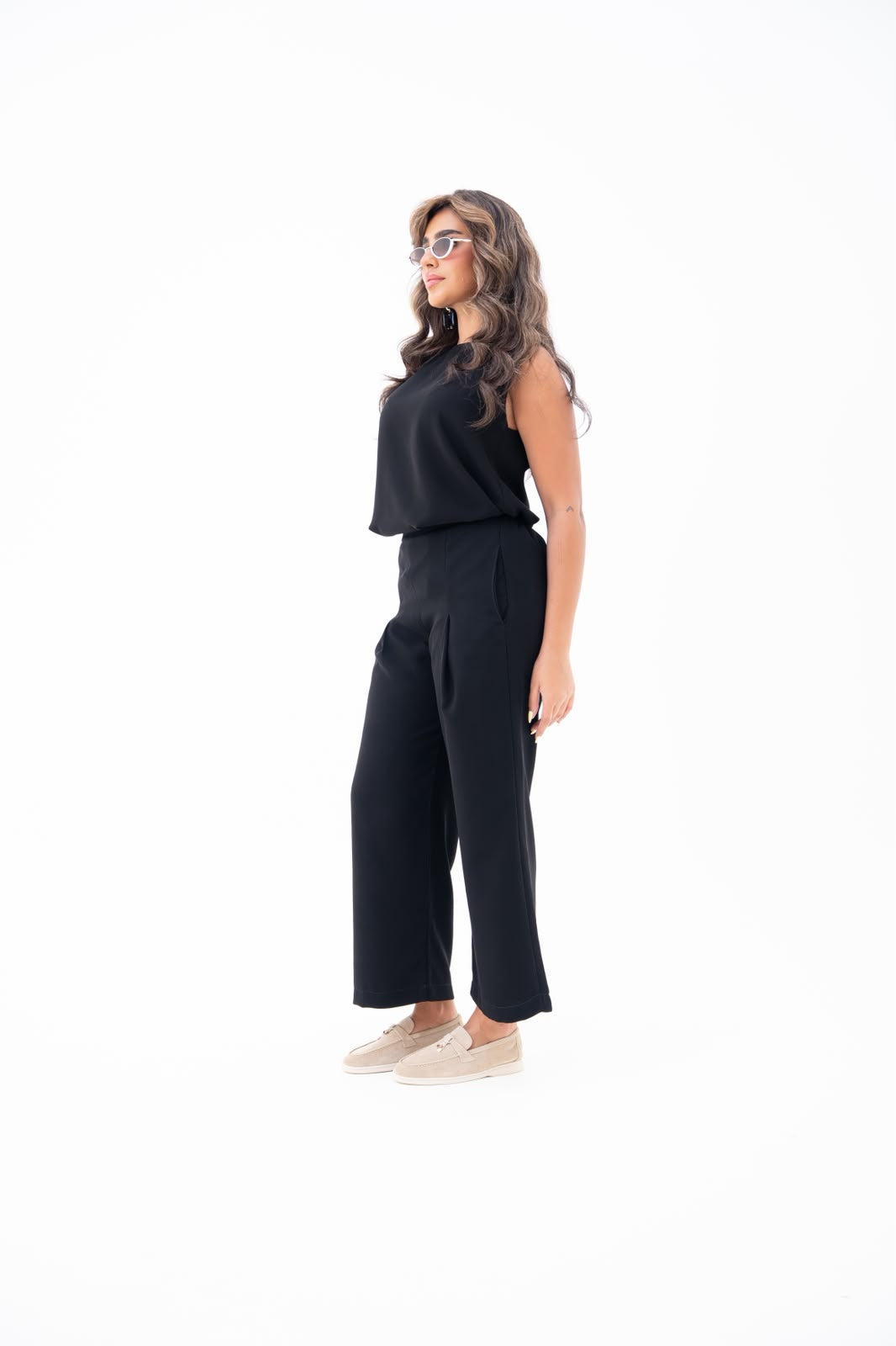 Blouse and pants set, in black crepe fabric. C:247