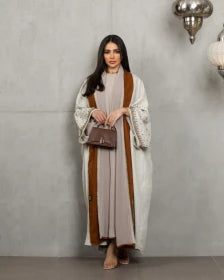 Abaya with beige linen material and camel design with embroidery C: 6453beage