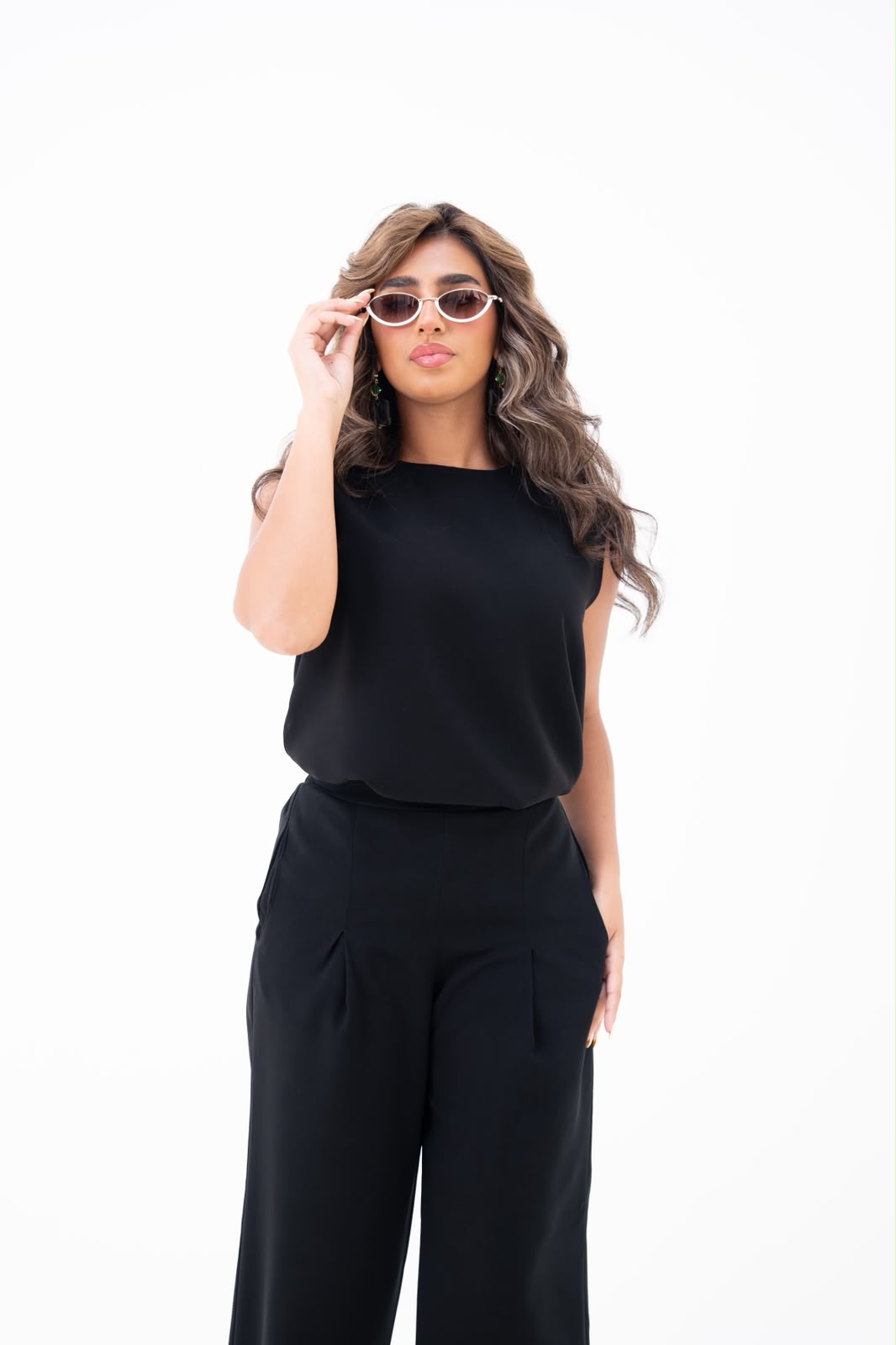 Blouse and pants set, in black crepe fabric. C:247