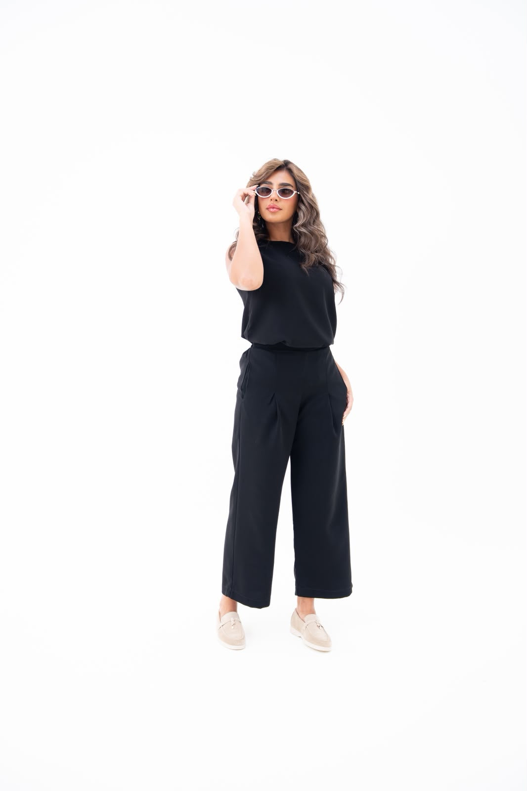 Blouse and pants set, in black crepe fabric. C:247
