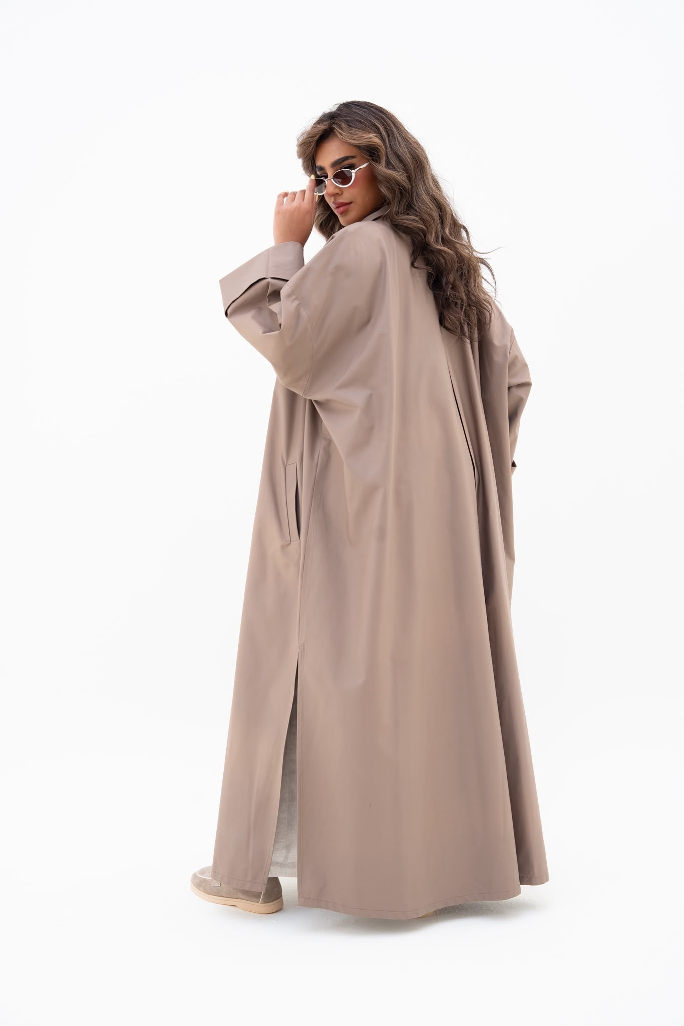Beige crepe abaya, free size. C:6809