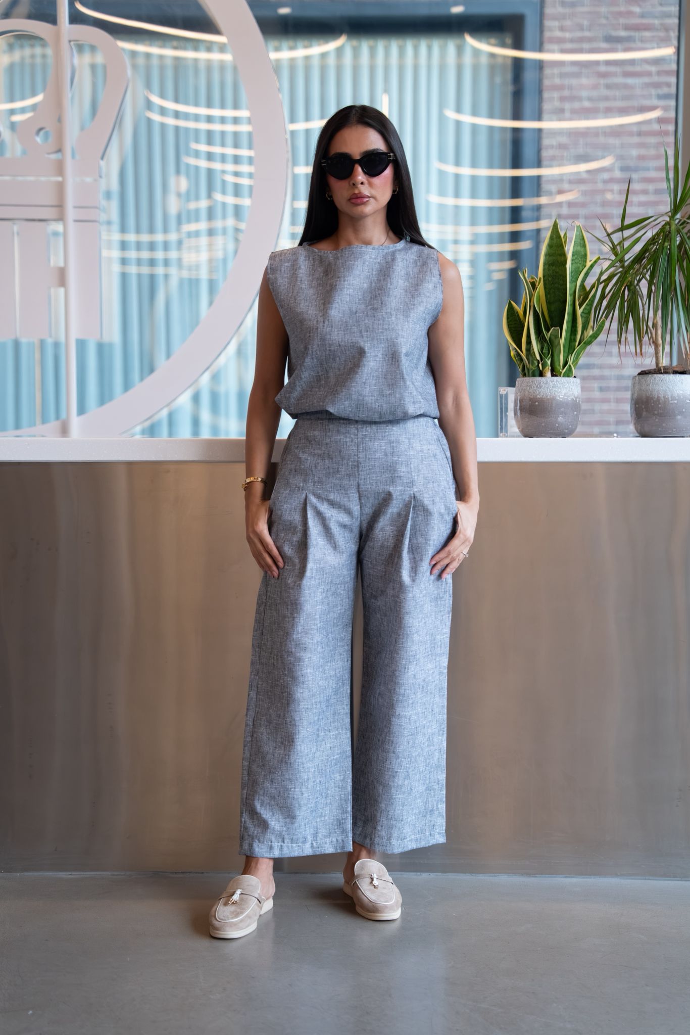 Gray cotton blouse and pants set. C:249