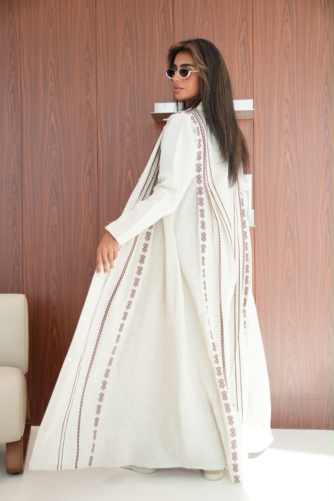 Beige linen abaya with embroidery. C:6683