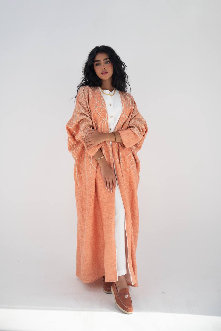 Orange linen bisht abaya with embroidery C:6648