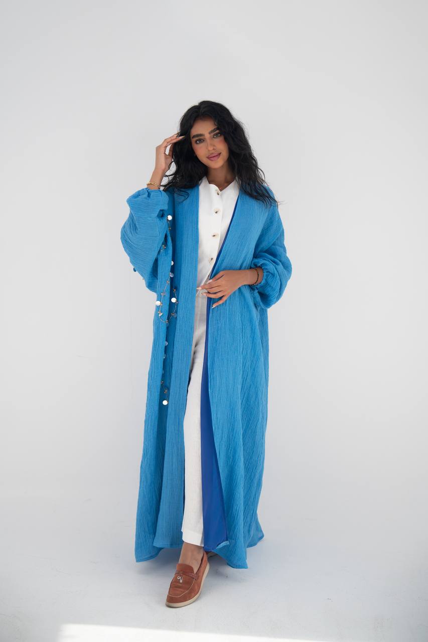 Blue linen abaya with hand embroidery C:6647