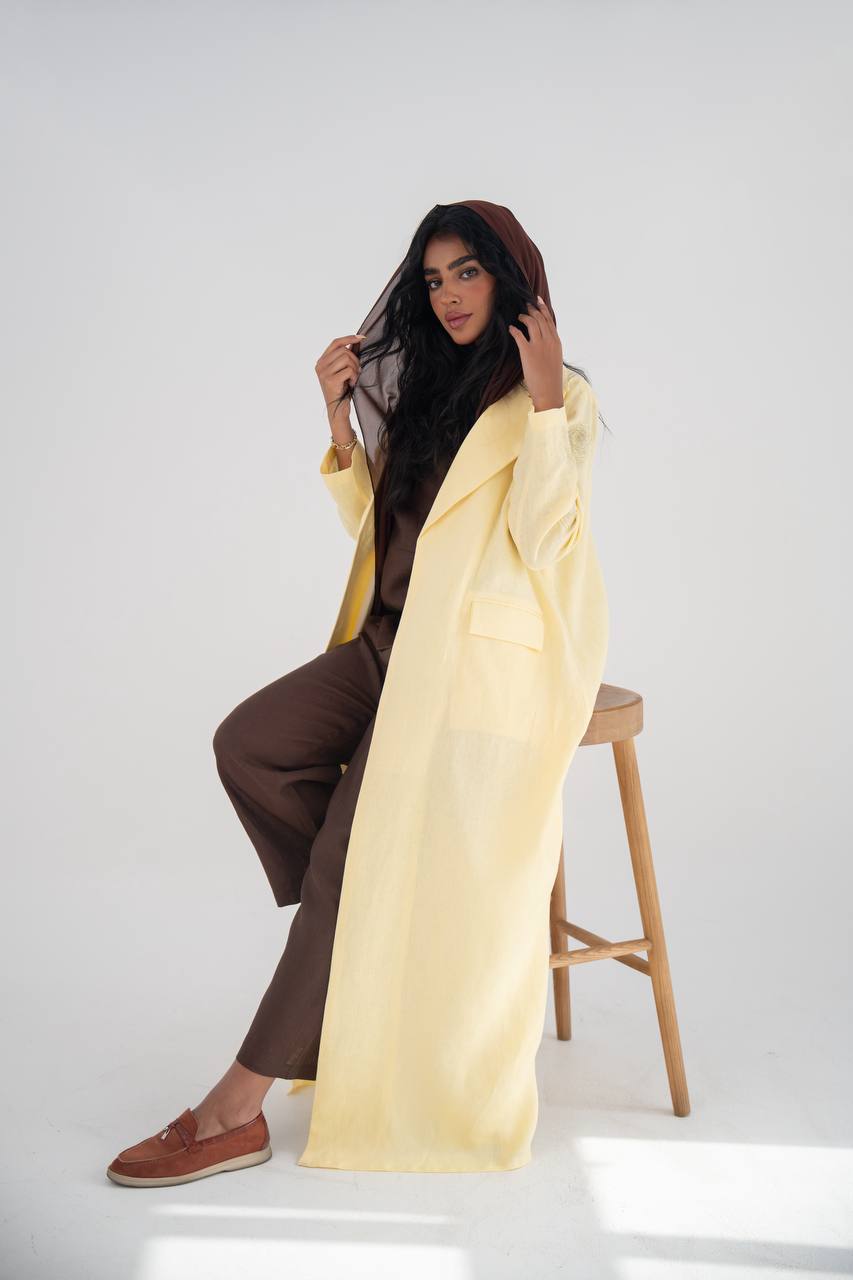 Butter yellow linen blazer abaya with hand embroidery C:6646