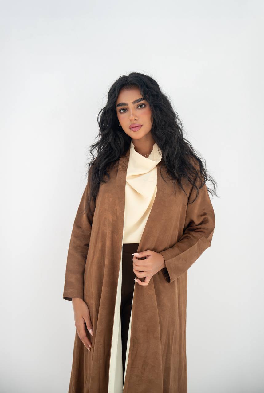 Honey-colored crepe jacquard abaya C:6645 Brown