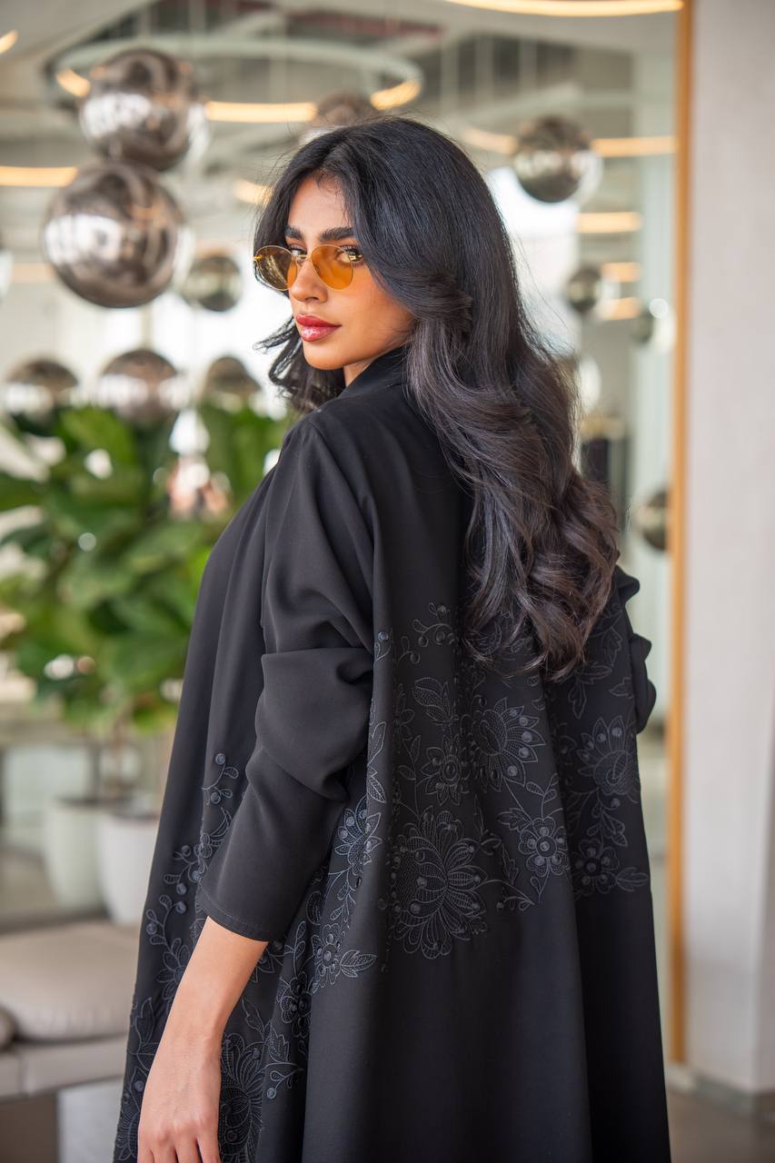 Black Cuban crepe abaya with embroidery C:6630 Black