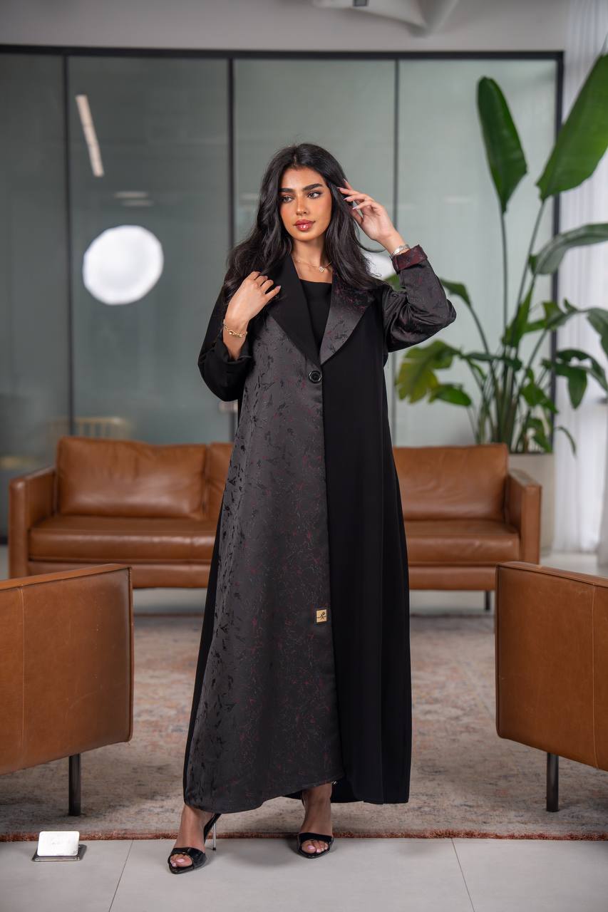 Black crepe blazer abaya with jacquard fabric C:6626