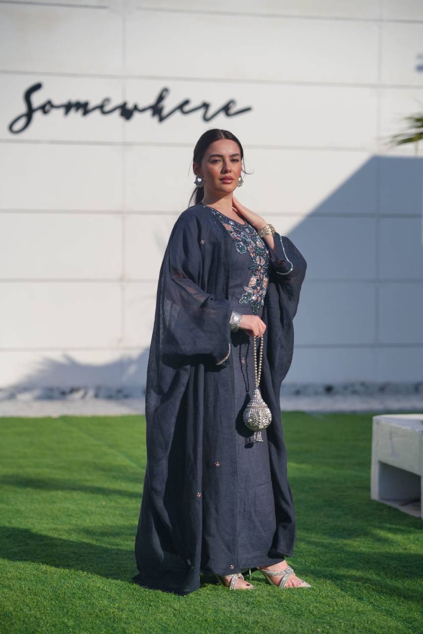 Bisht made of hessian material and linen dress, in navy blue with hand embroidery C:6619 (Free size)