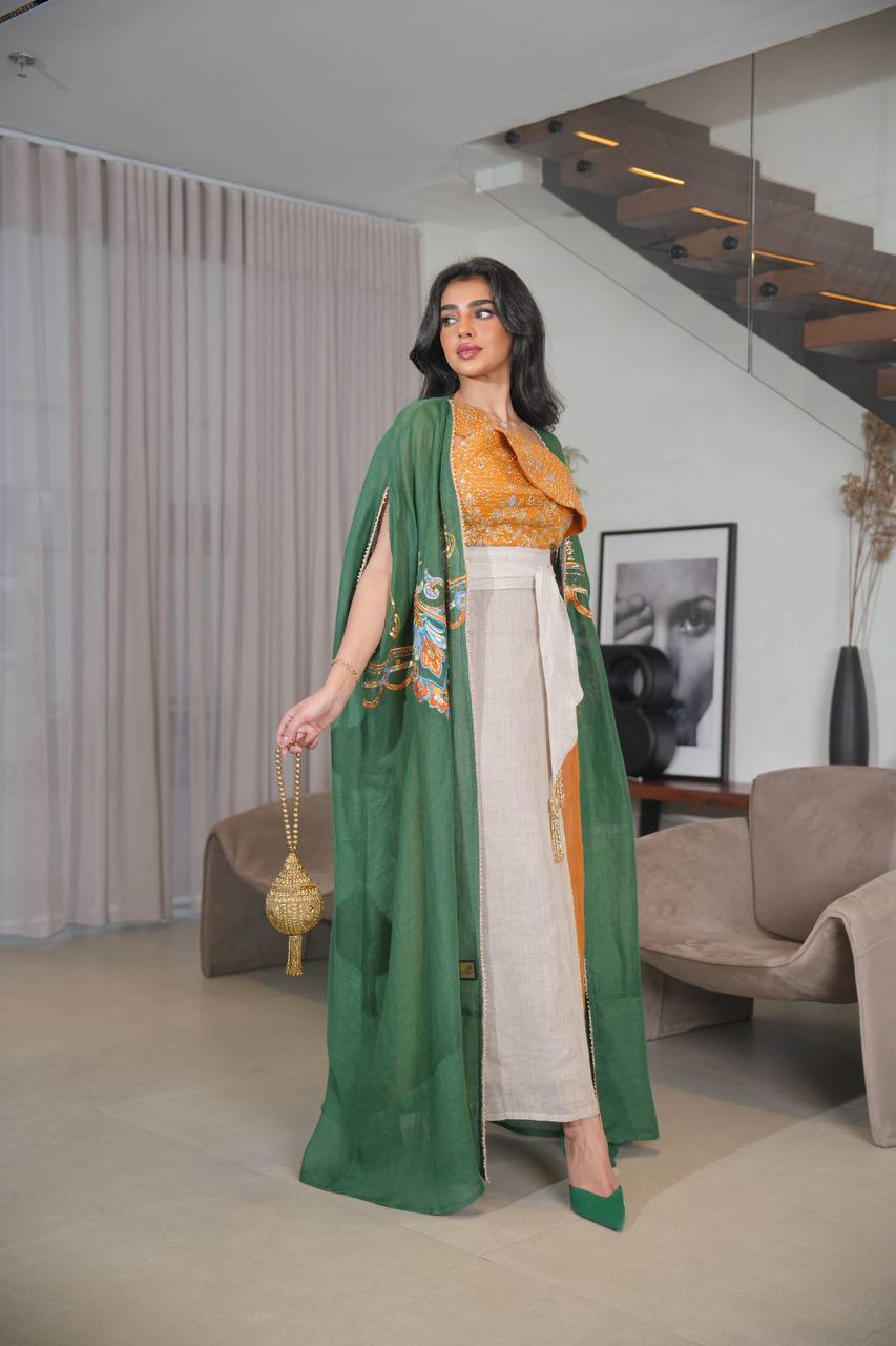 Green Bisht with beige linen dress with orange and embroidery C:6614