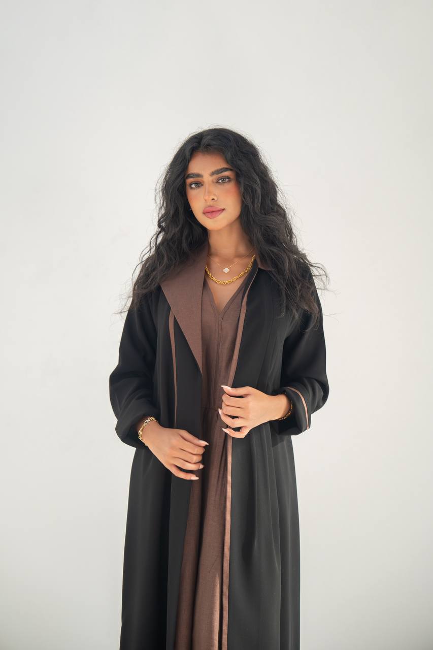 Black crepe blazer abaya with brown details C:6636 Black Crape
