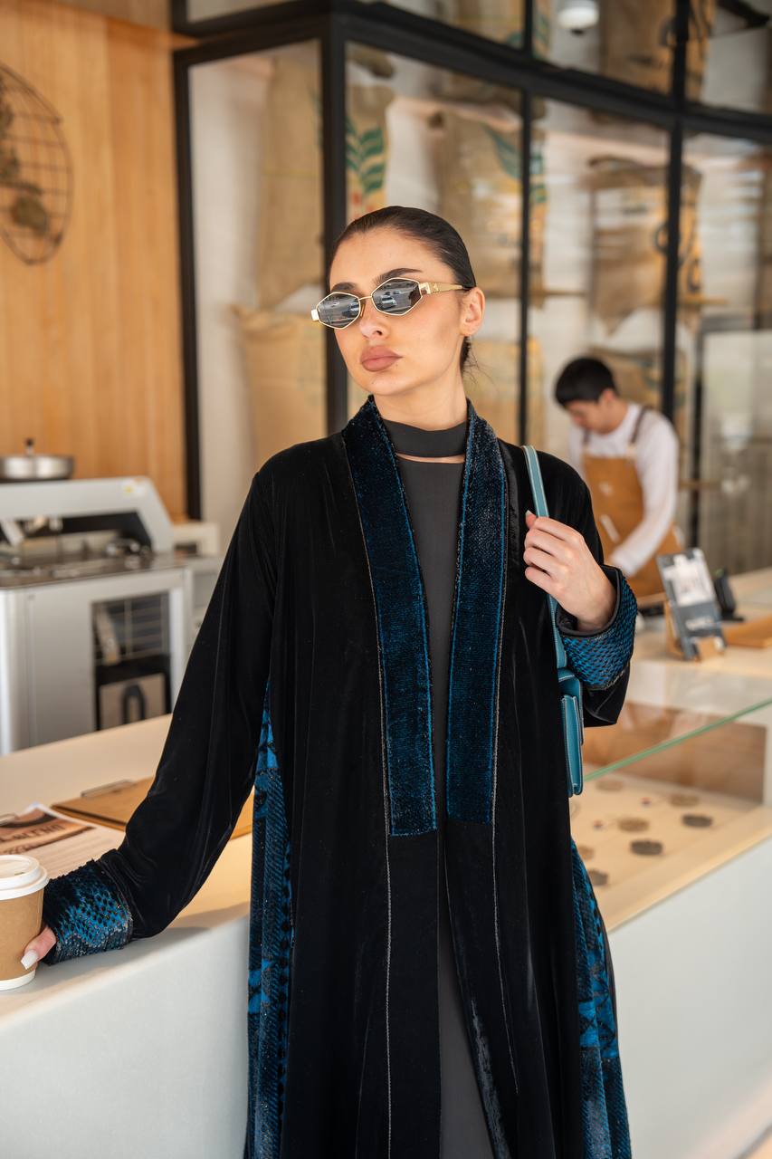 Black and turquoise velvet abaya. C:6701