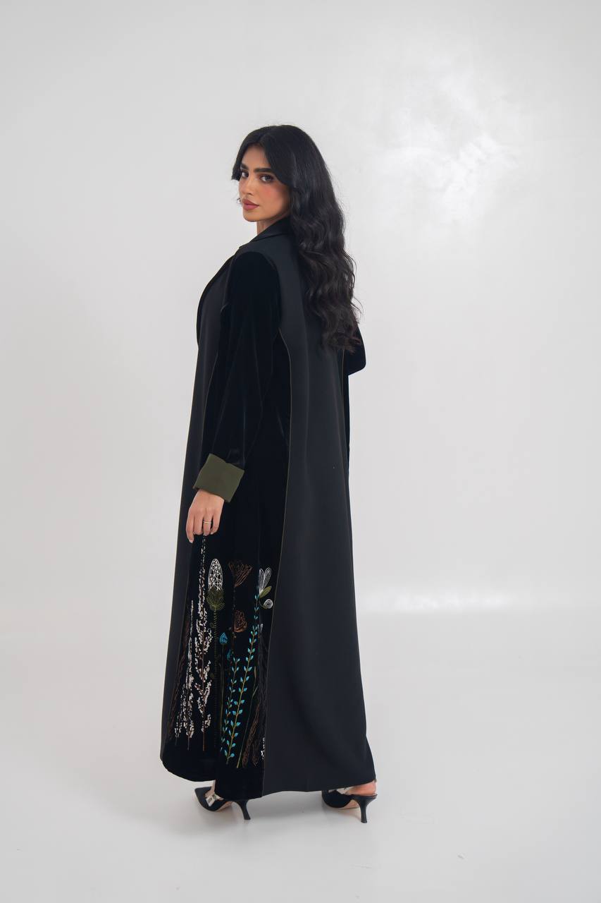 Velvet blazer abaya with crepe and embroidery. C:6711