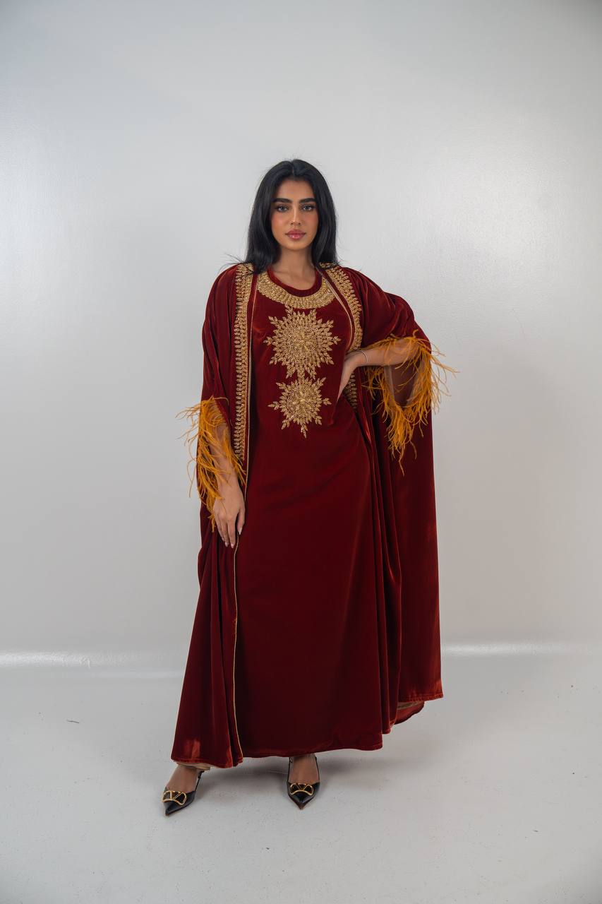 Bisht and dress set in burgundy velvet with hand embellishment.C:6714