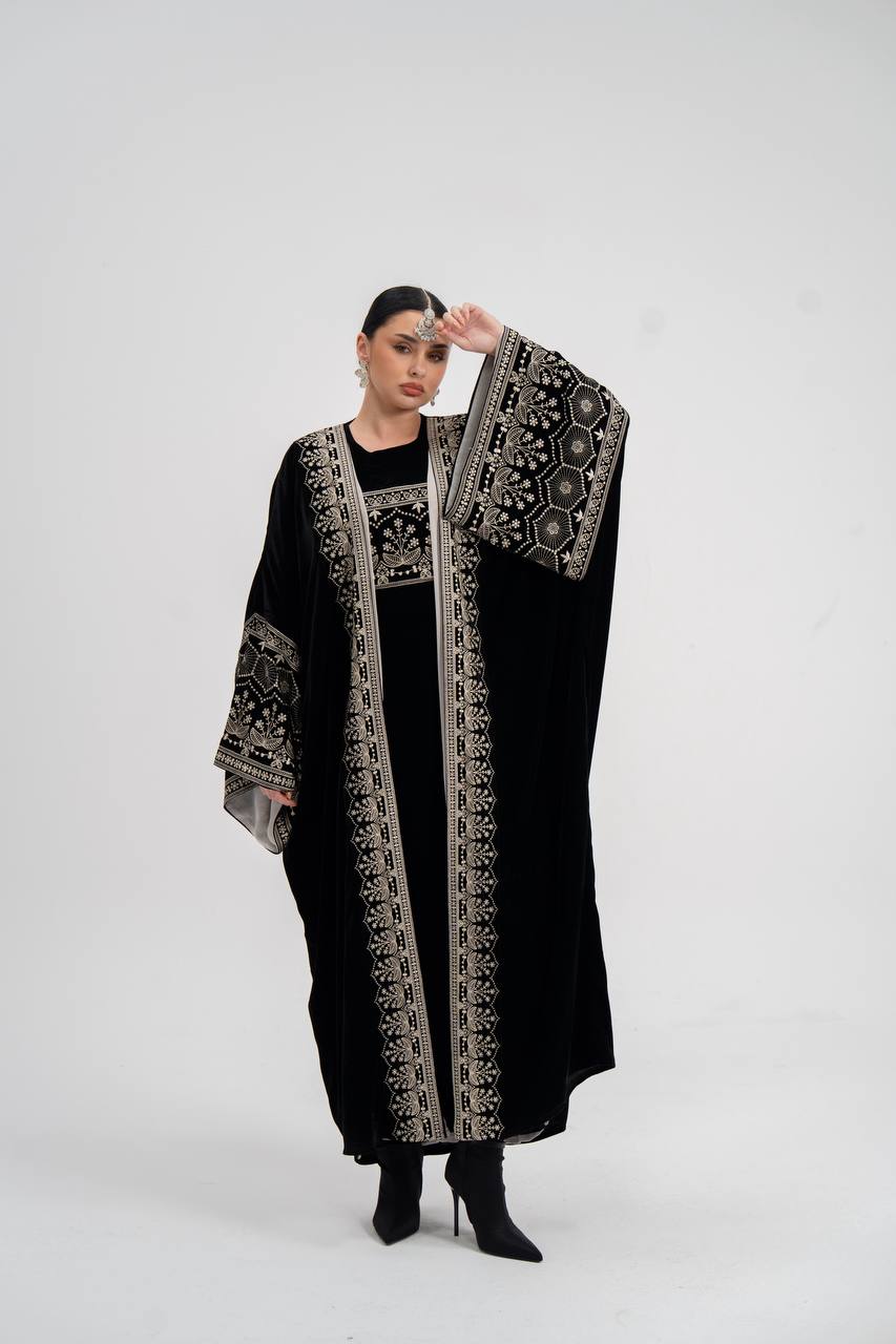 Black velvet abaya with embroidery. C:6744