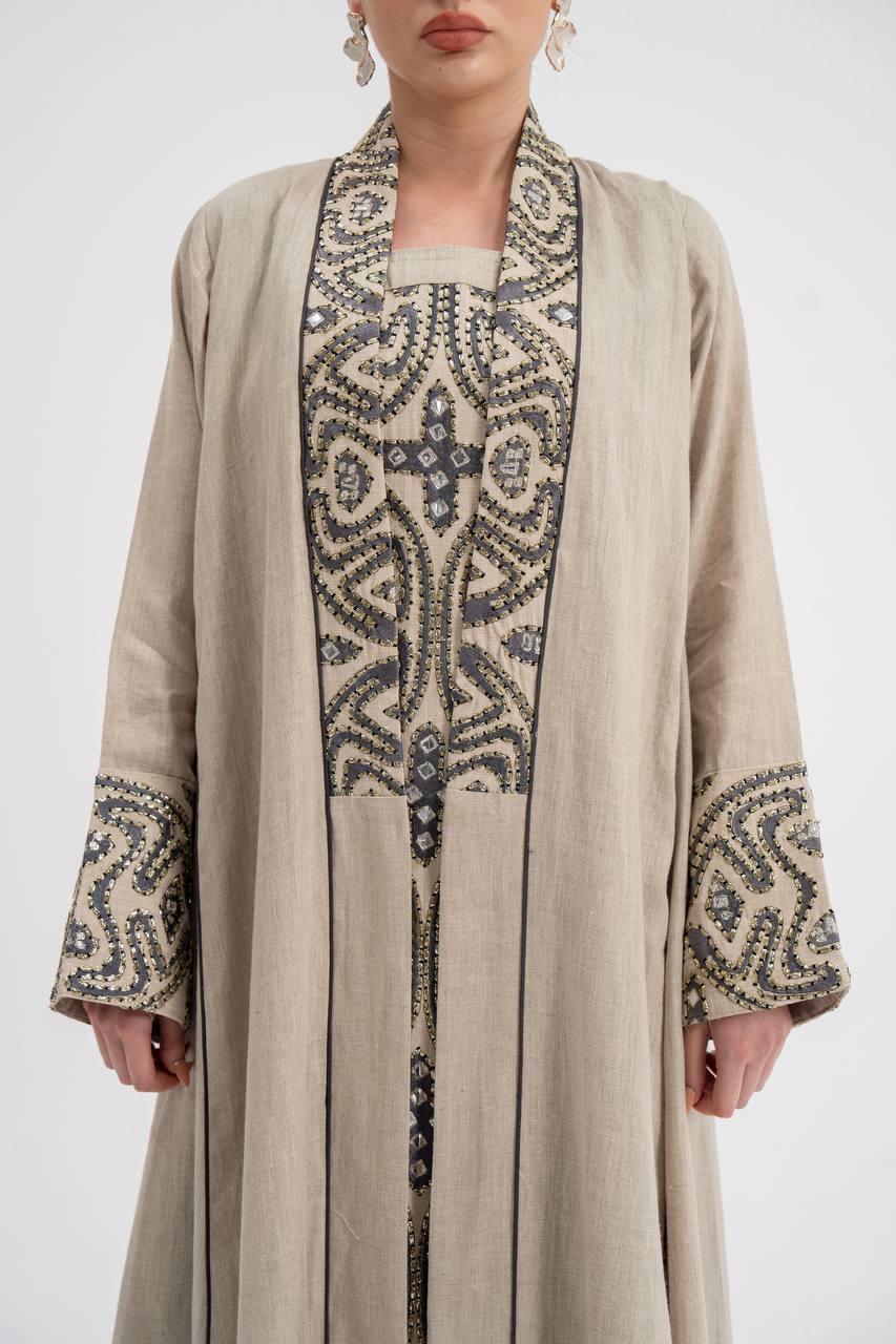 Abaya and dress set, linen with embroidery. C:6741