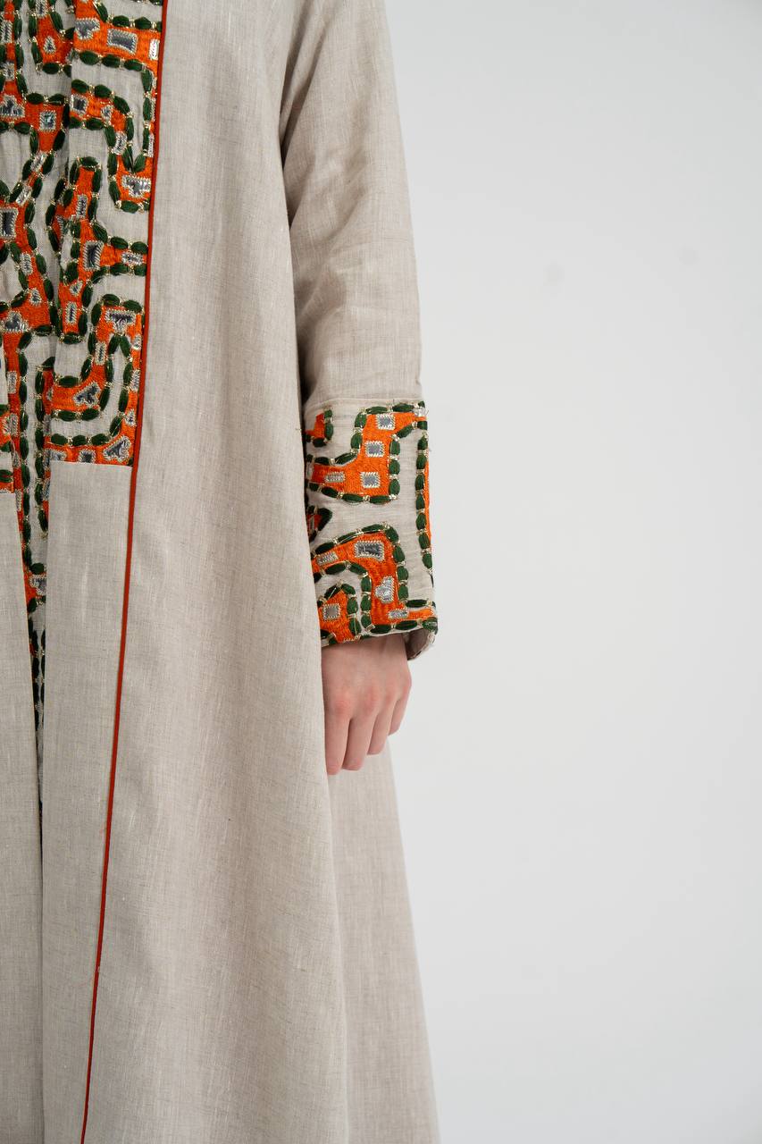 Abaya and dress set, light beige linen with embroidery. C:6743