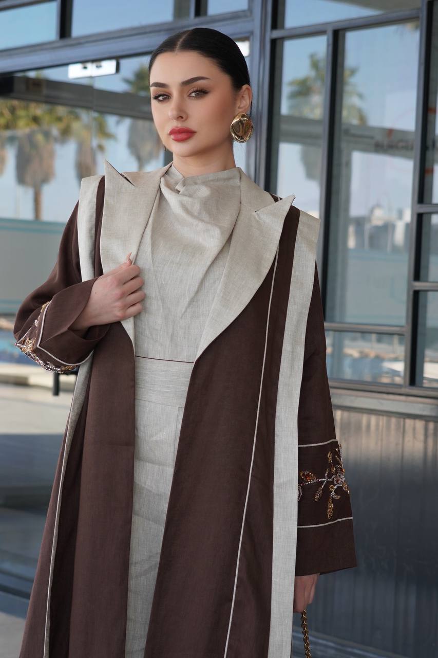 Brown linen blazer abaya with hand-stitched details. C:6755
