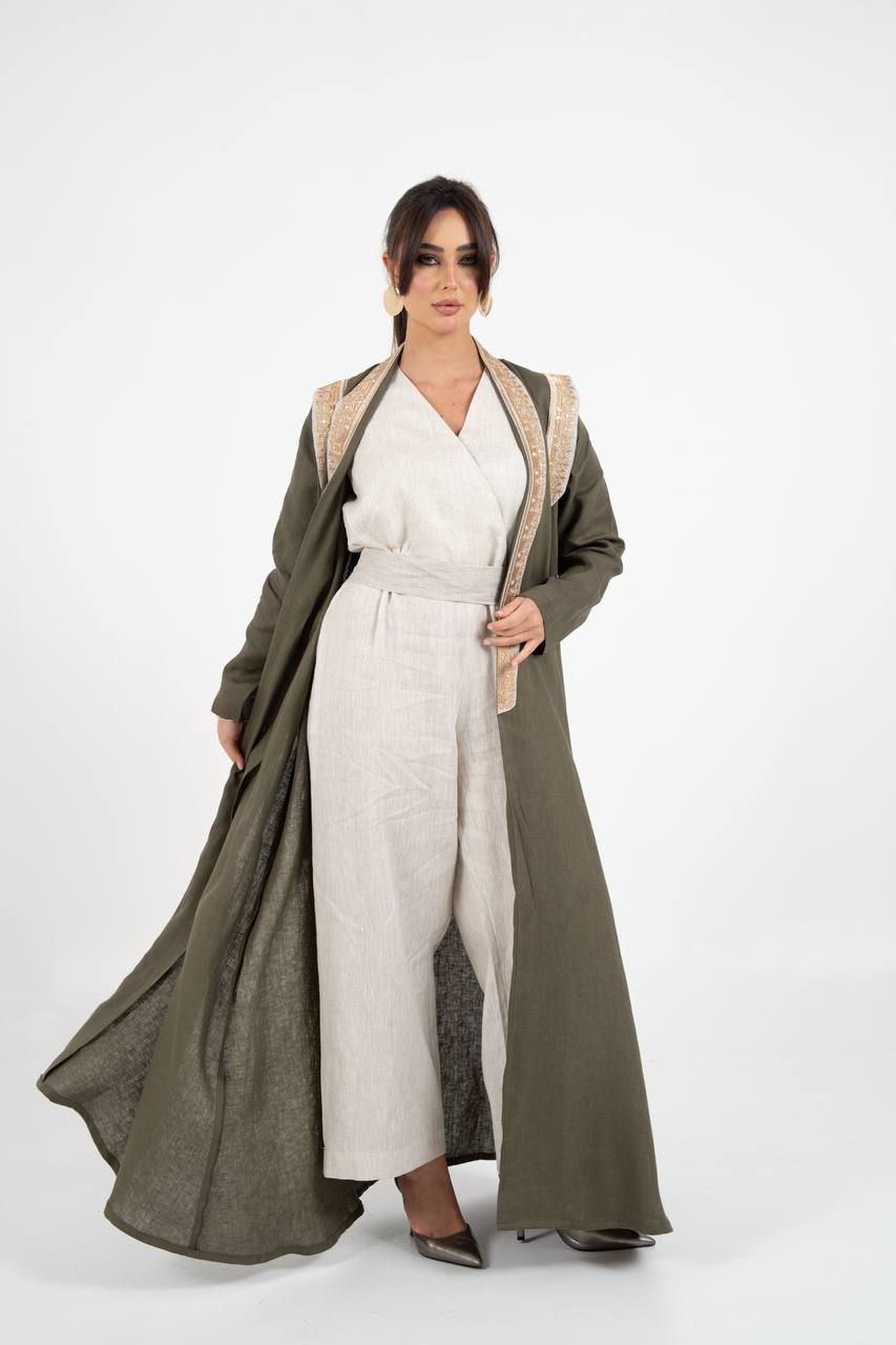 Linen abaya in olive green with embroidery. C:6762