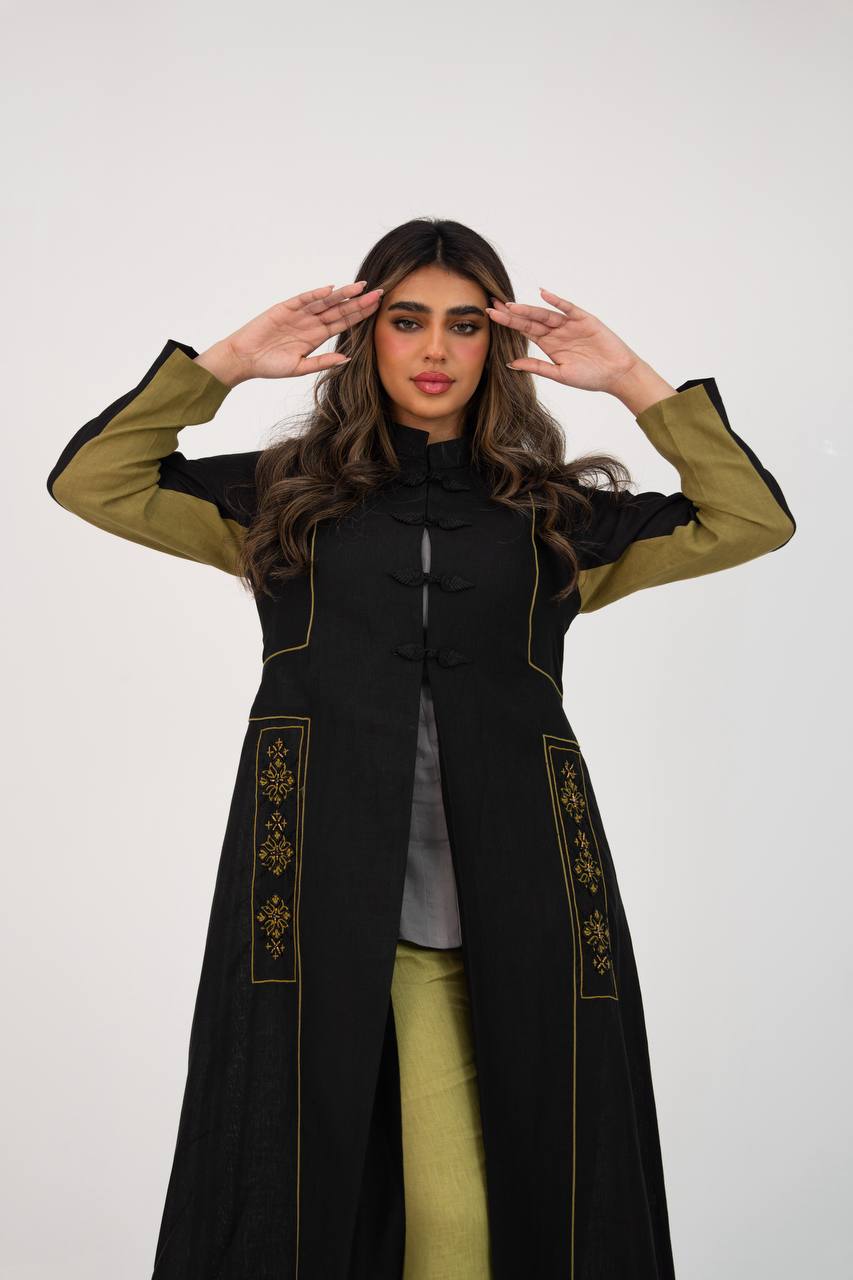عباية لينن باللون الاسود مع شك يدوي . C:6766