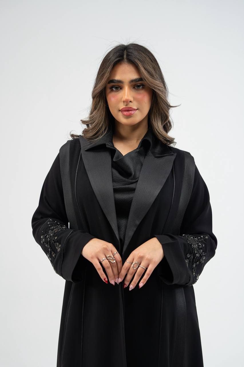 Black crepe fabric abaya with satin. C: 6755 black crepe
