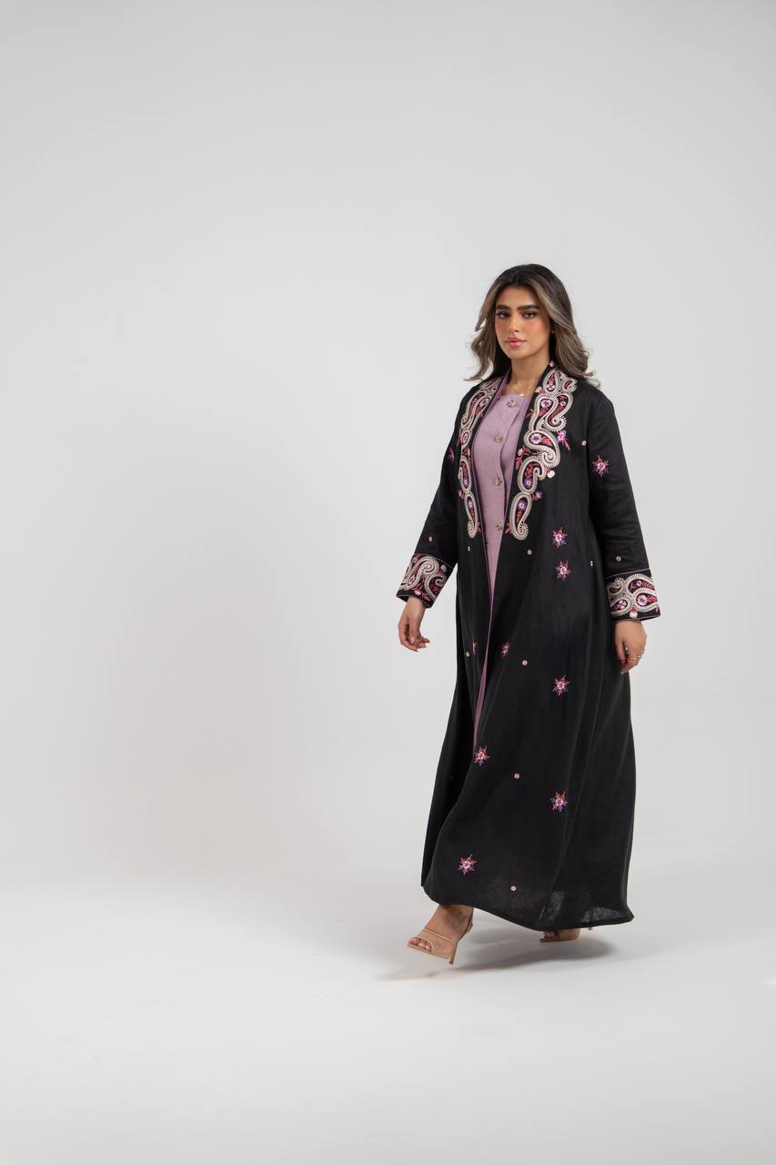 Linen abaya in black with embroidery. C:6772 Black