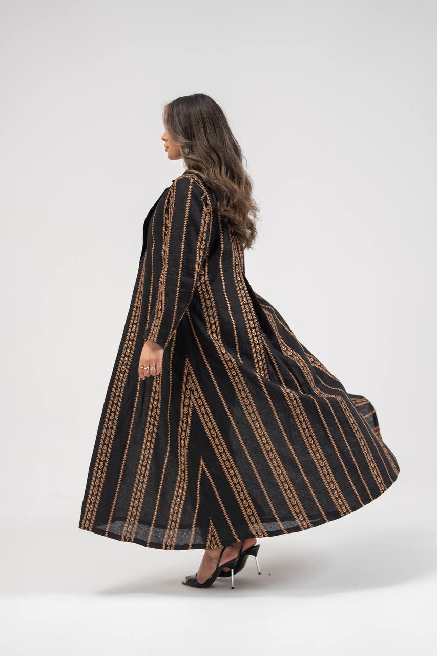 Linen abaya in black with embroidery. C:6764
