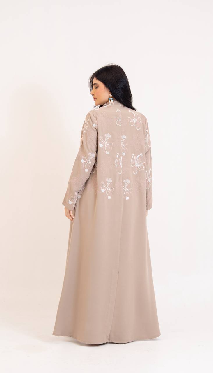 Beige crepe abaya with embroidery.C:6765