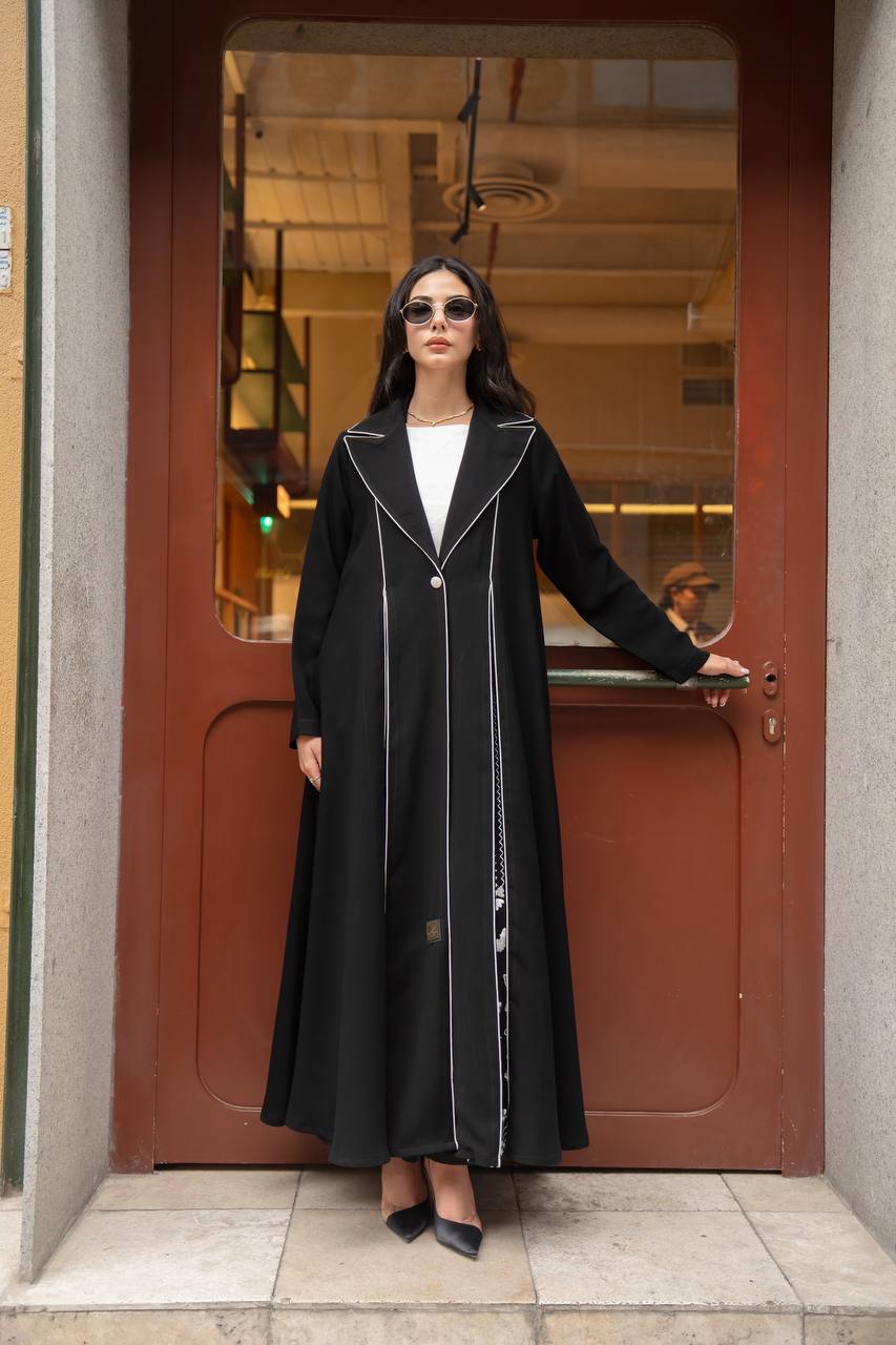 Black crepe abaya with white embroidery. C:6770