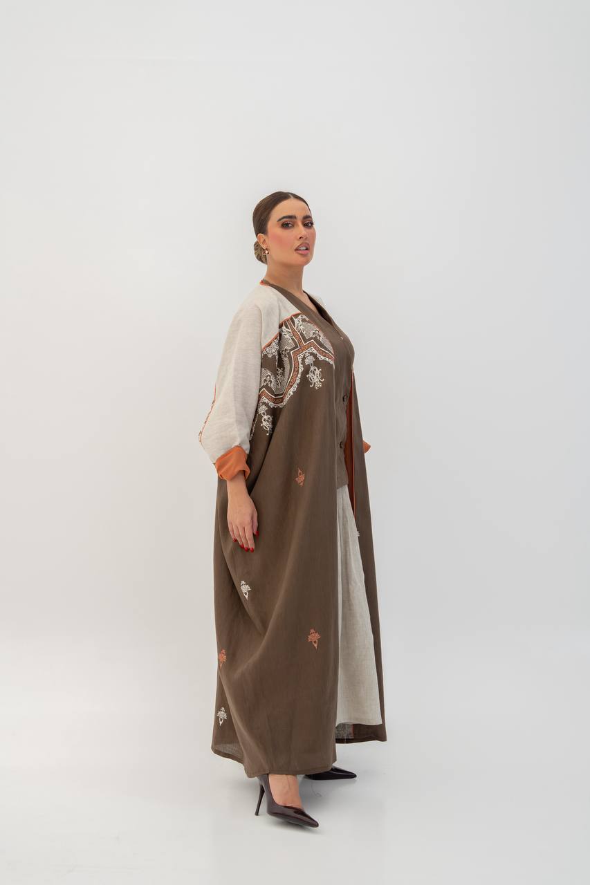 Brown linen abaya with embroidery. C:6785