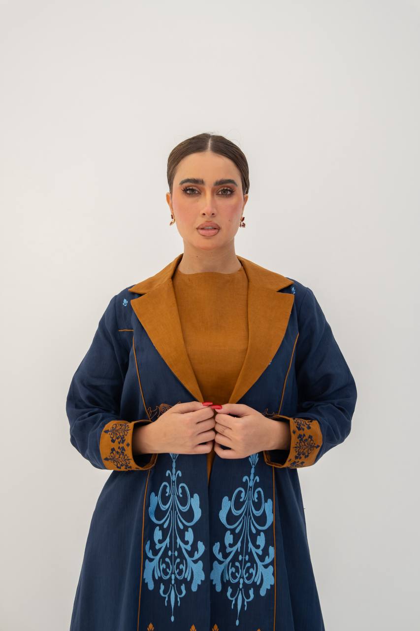 Linen abaya in navy blue with embroidery.C:6783