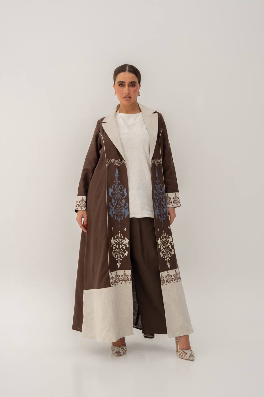 Linen abaya in brown with embroidery.C:6783 Brown