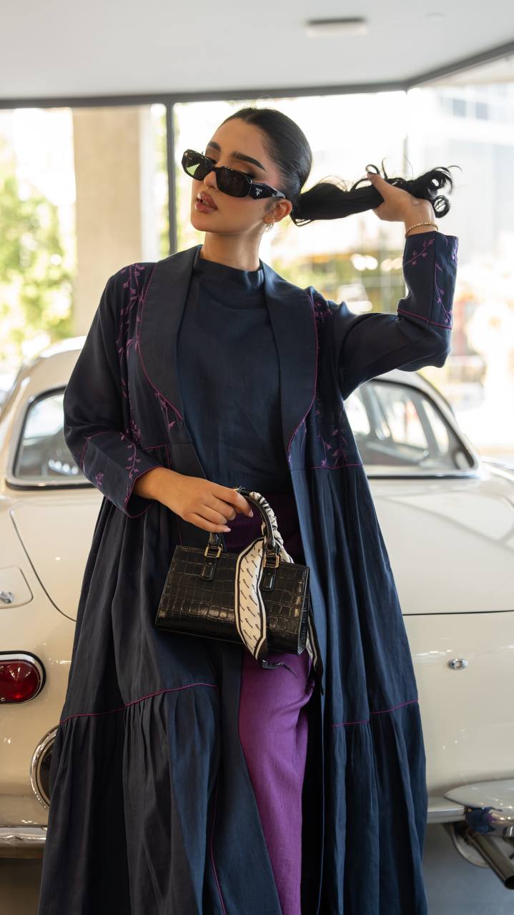 Linen abaya in navy blue with embroidery.C:6786