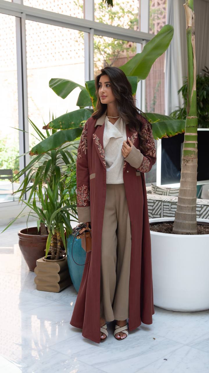 Burgundy linen blazer abaya with embroidery.C:6797