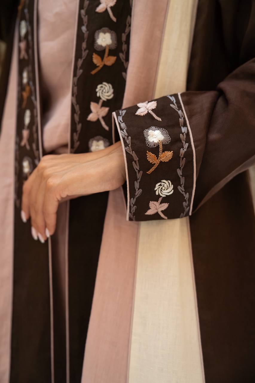 Linen abaya in brown with embroidery.C:6799