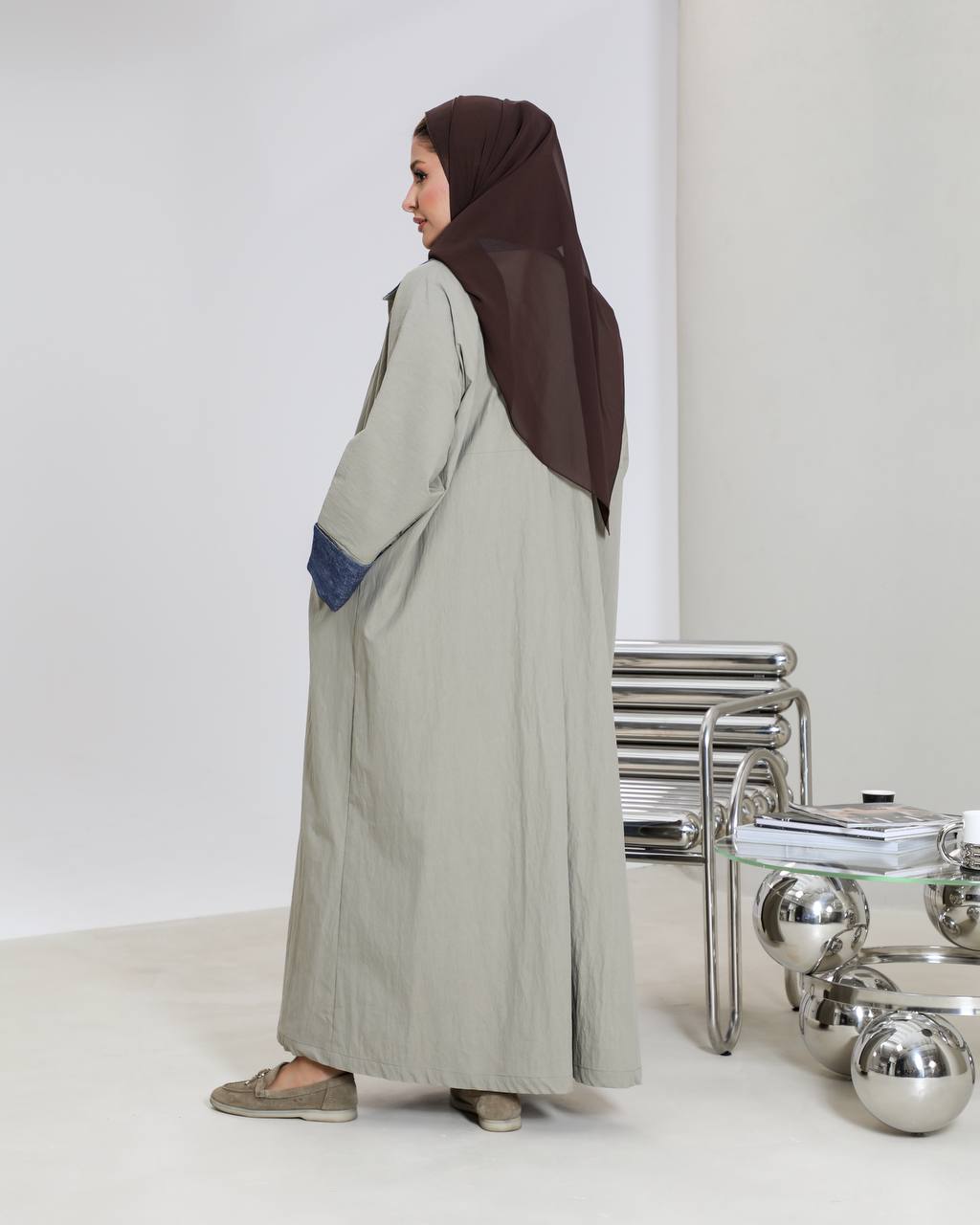Free size trench coat, in pistachio color with denim details C:6656