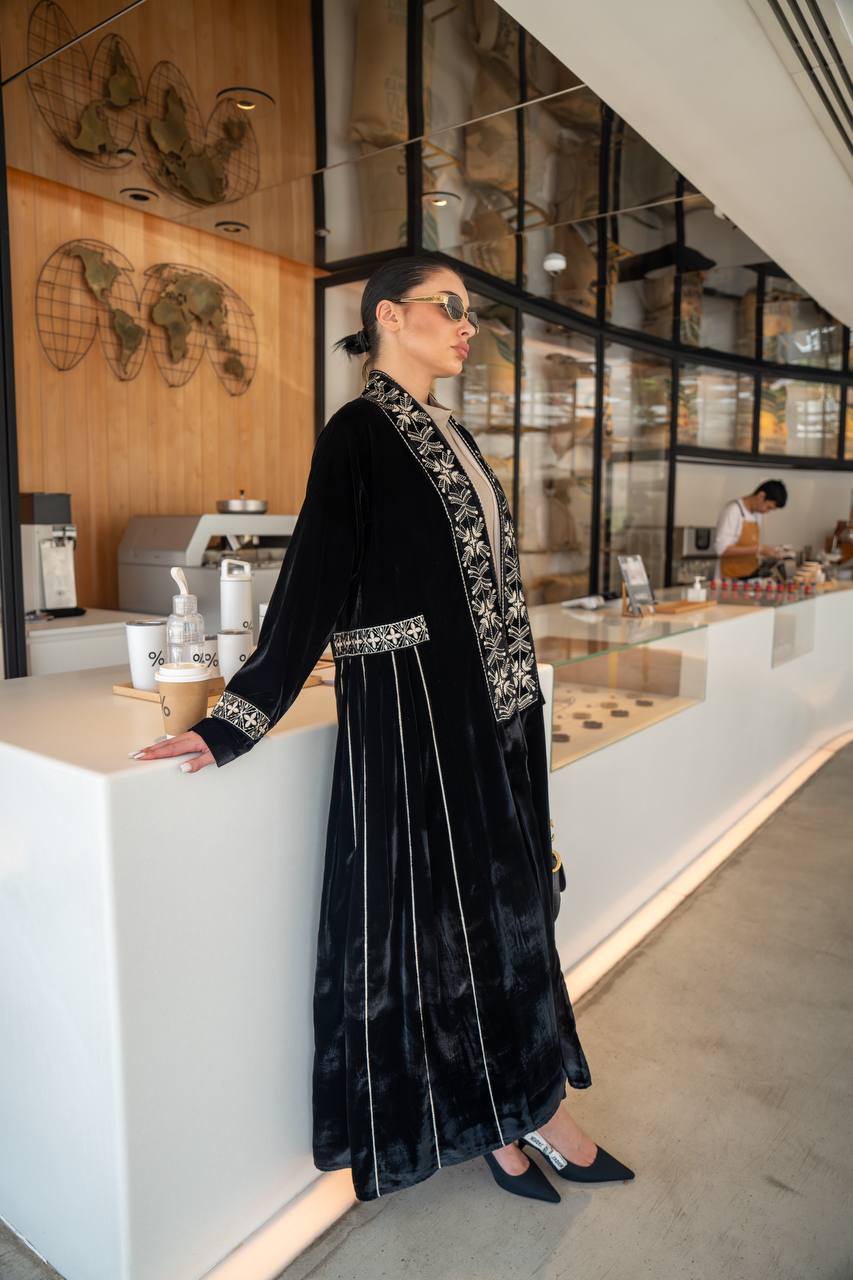 Black velvet abaya with embroidery.C:6700