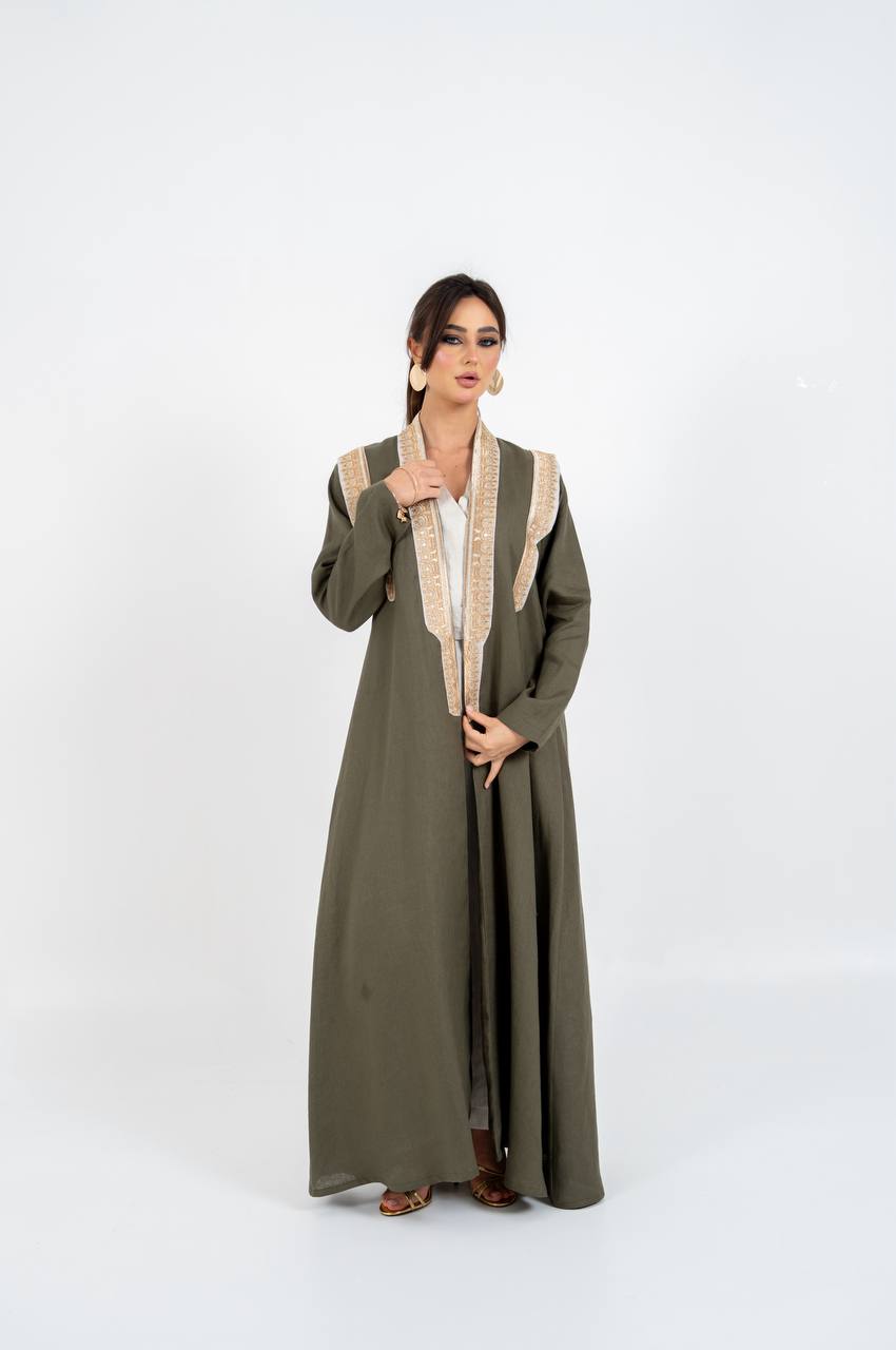 Linen abaya in olive green with embroidery. C:6762
