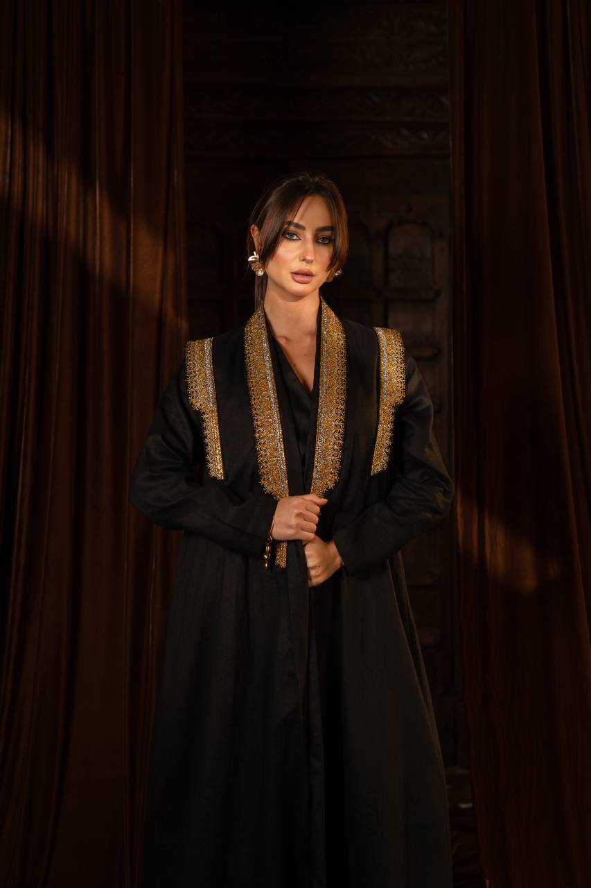 Linen abaya in black with embroidery. C:6762