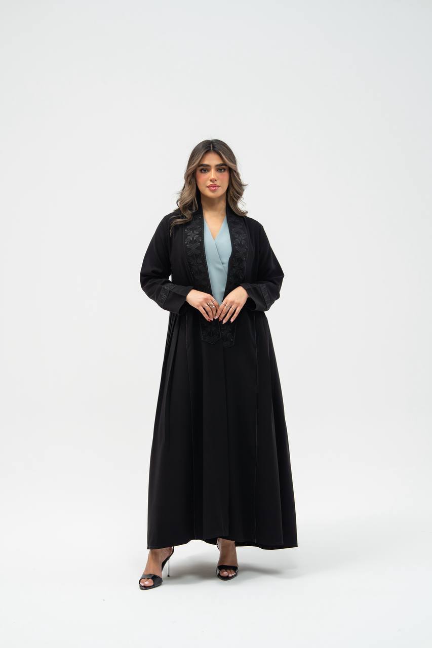 Black crepe abaya with hand-stitched details.C:6700 black crepe